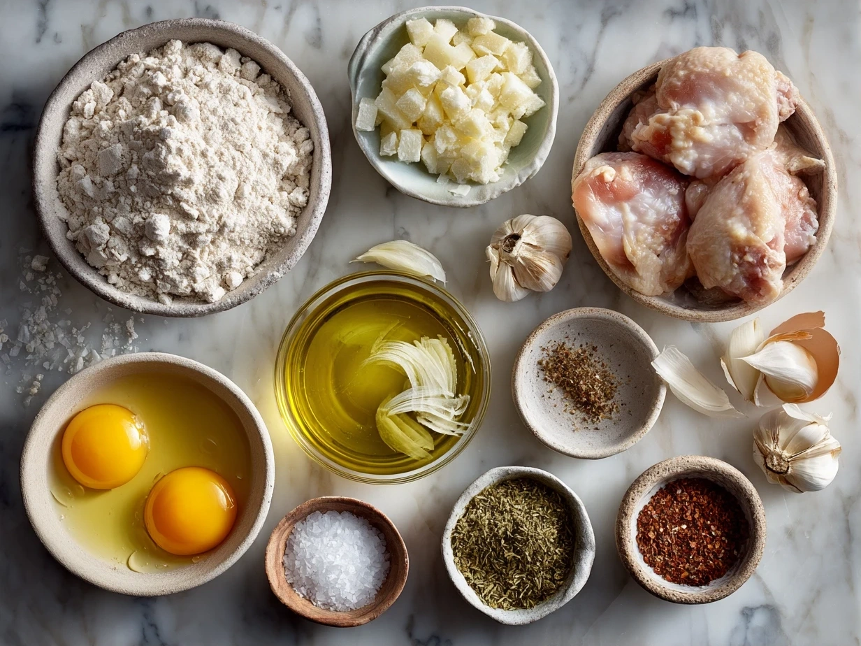 Ingredients for Melt-In-Your-Mouth Chicken including chicken thighs, olive oil, garlic, lemon, and herbs