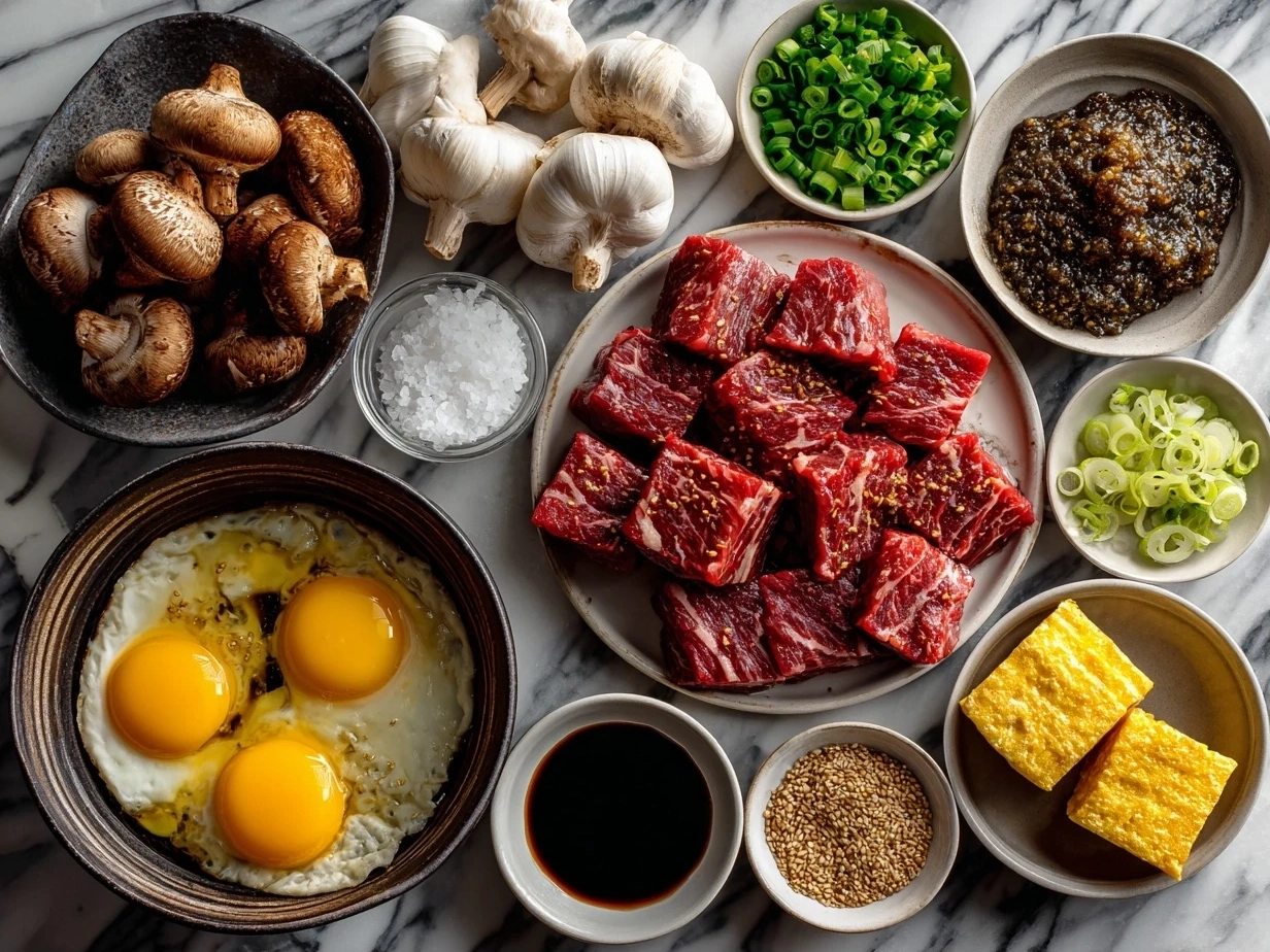 Ingredients for Szechuan Beef laid out on a kitchen counter