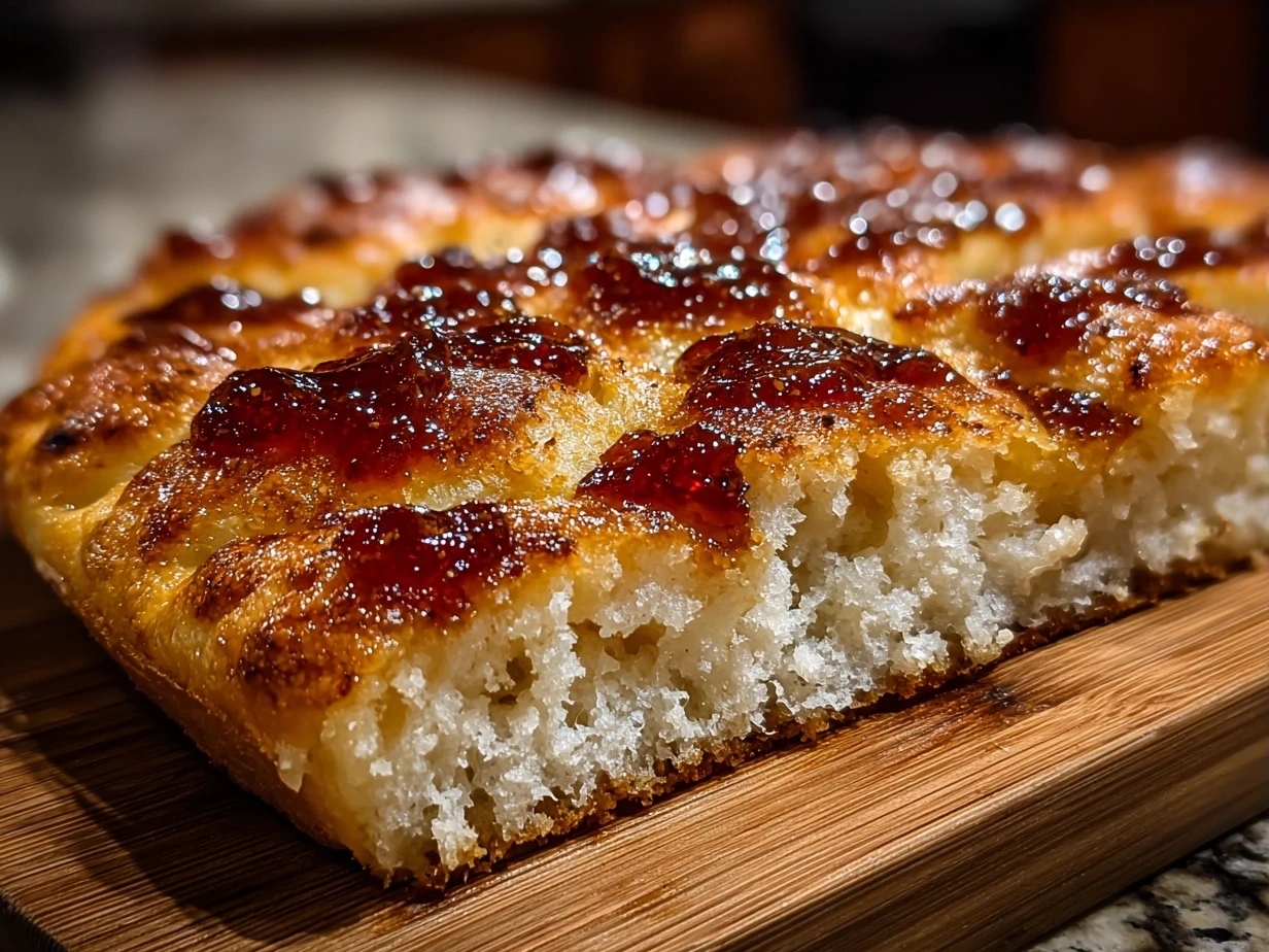 Freshly baked jam donut focaccia served warm and dusted with powdered sugar