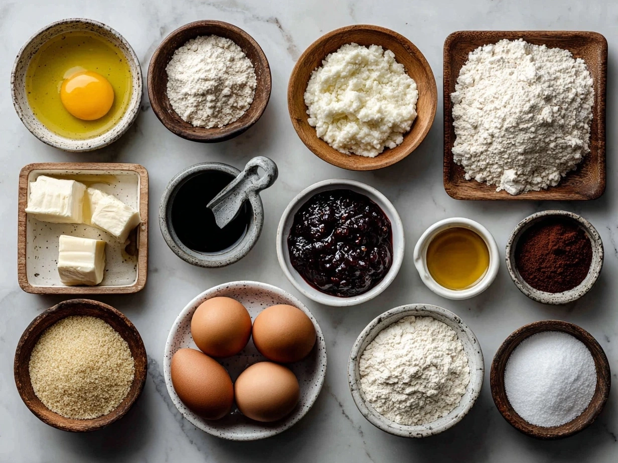 Jam donut focaccia ingredients laid out including flour, yeast, sugar, eggs, butter, milk, and fruit jam