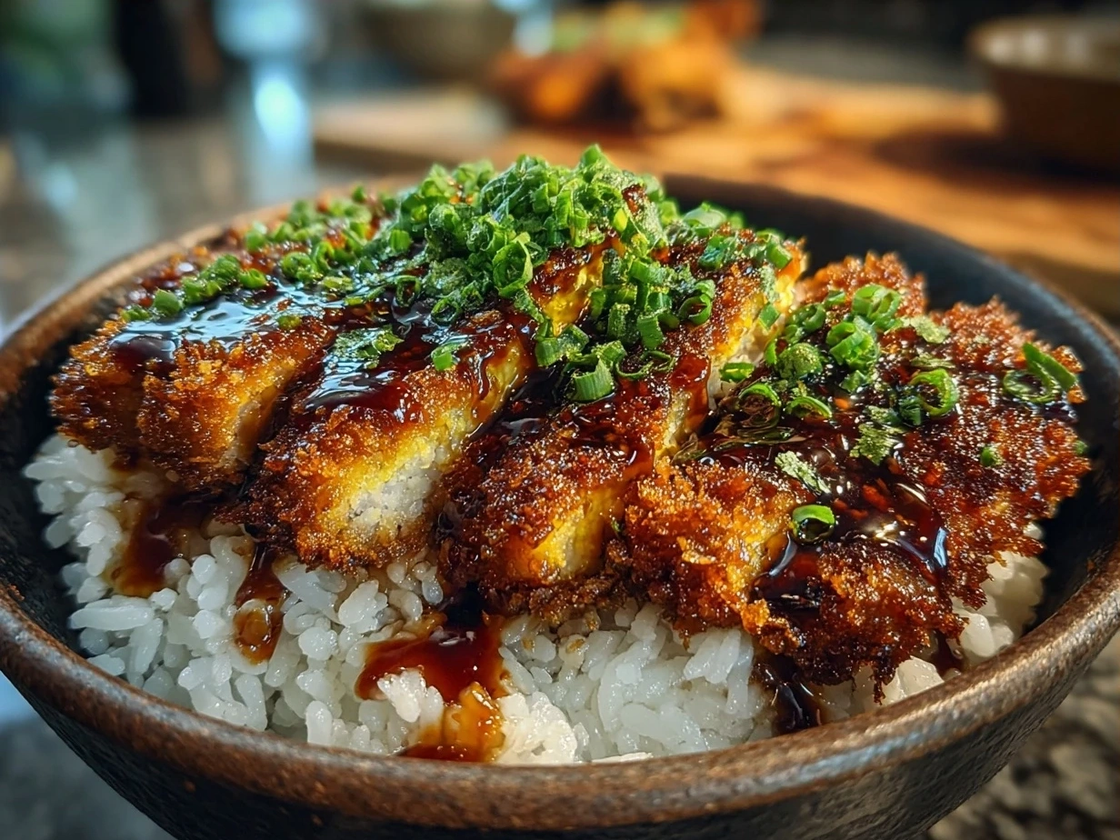 Delicious Japanese Katsu Bowls served with rice, cabbage, and tonkatsu sauce