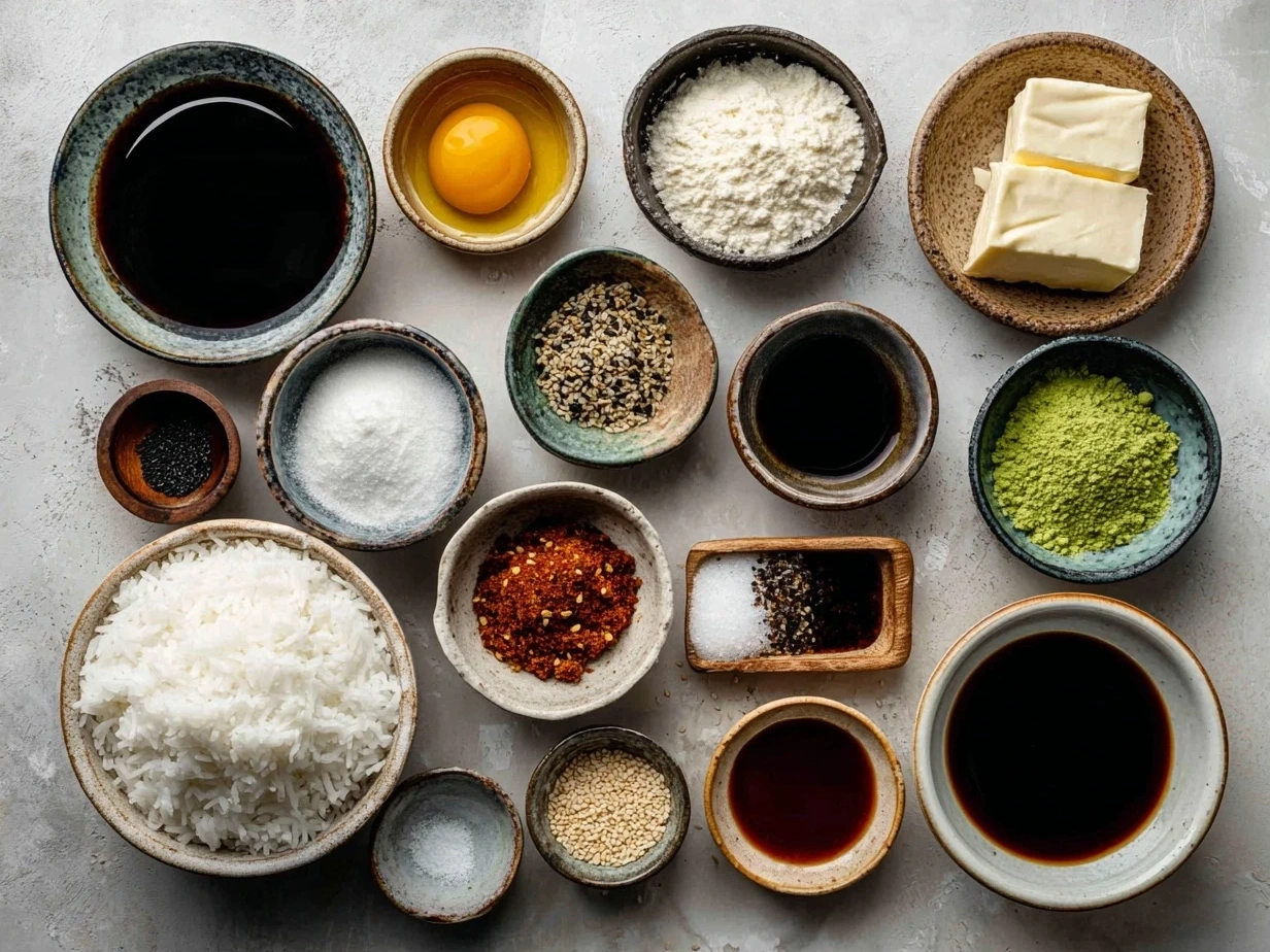 Ingredients for Japanese Katsu Bowls recipe including panko, pork, rice, cabbage, and sauces