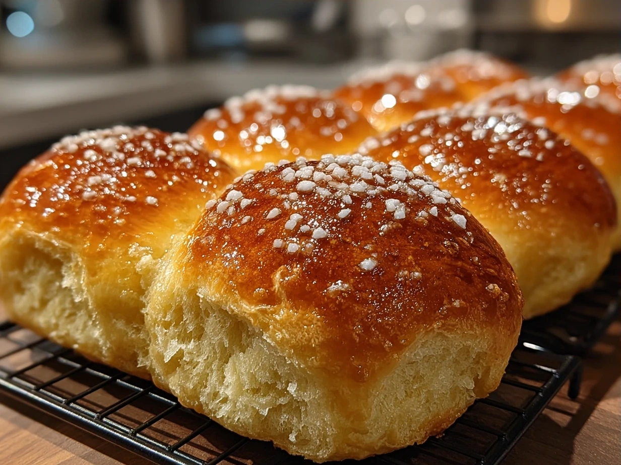 Freshly baked golden Japanese Milk Bread Rolls cooling on a rack