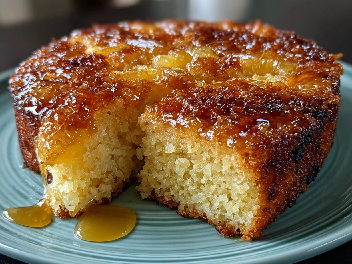 Freshly baked Juicy Pineapple Cake ready to serve, showing golden caramelized pineapple rings on top