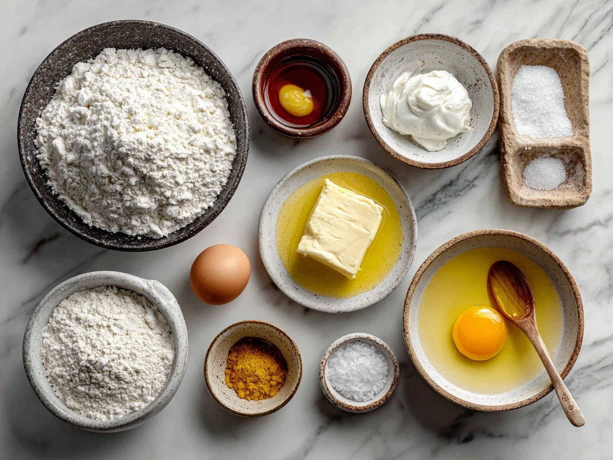 Ingredients for Juicy Pineapple Cake including flour, sugars, eggs, milk, butter, and fresh pineapple rings