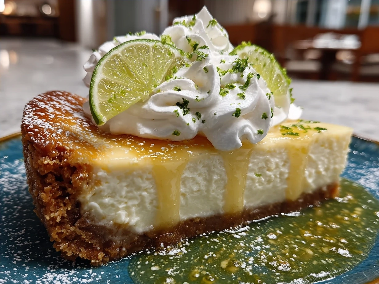 Perfectly sliced Key Lime Pie with whipped cream and lime garnish