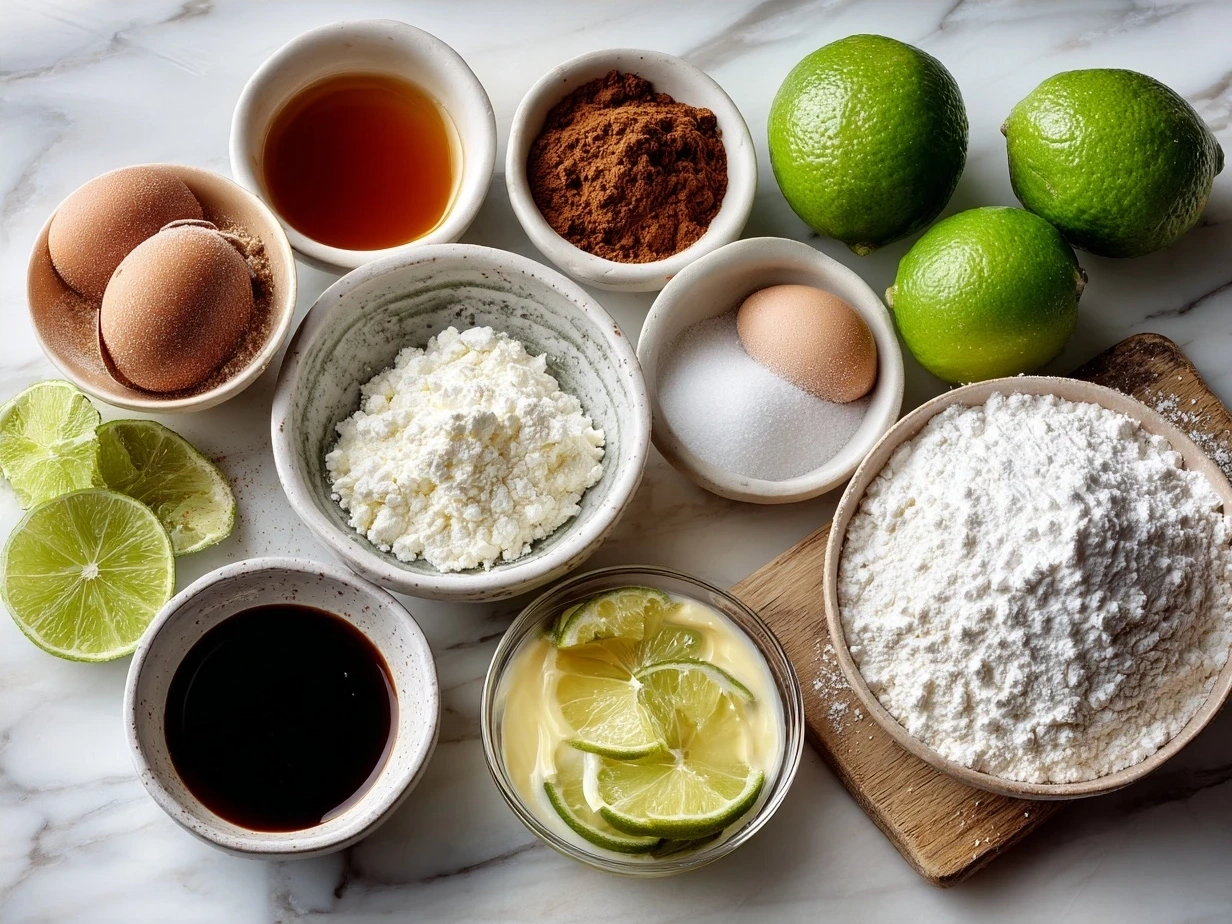 Ingredients for making Key Lime Pie including graham cracker crumbs, sweetened condensed milk, limes, and eggs