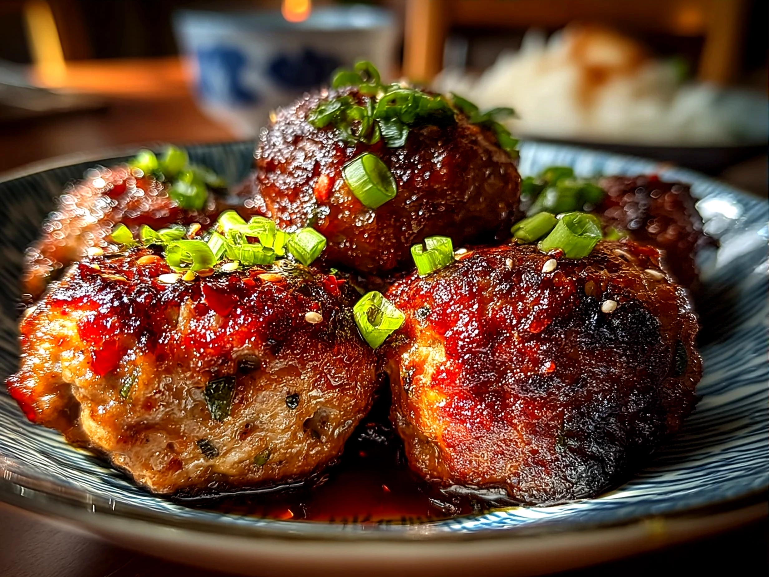 Finished Korean BBQ Meatballs ready to serve with garnish