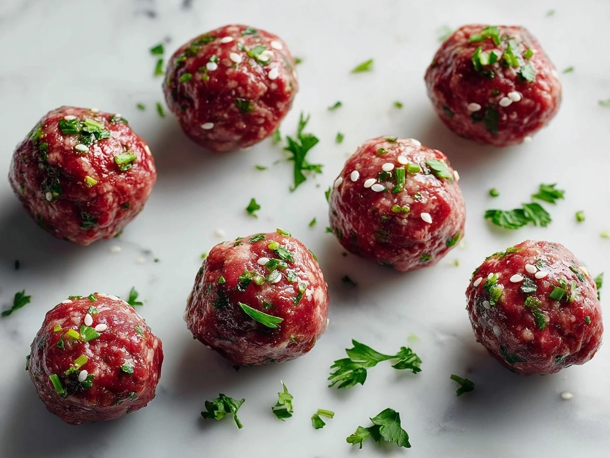 Ingredients for Korean BBQ Meatballs: ground beef, garlic, green onions, panko breadcrumbs, egg, soy sauce, brown sugar, gochujang, sesame oil, ginger, rice vinegar, sesame seeds