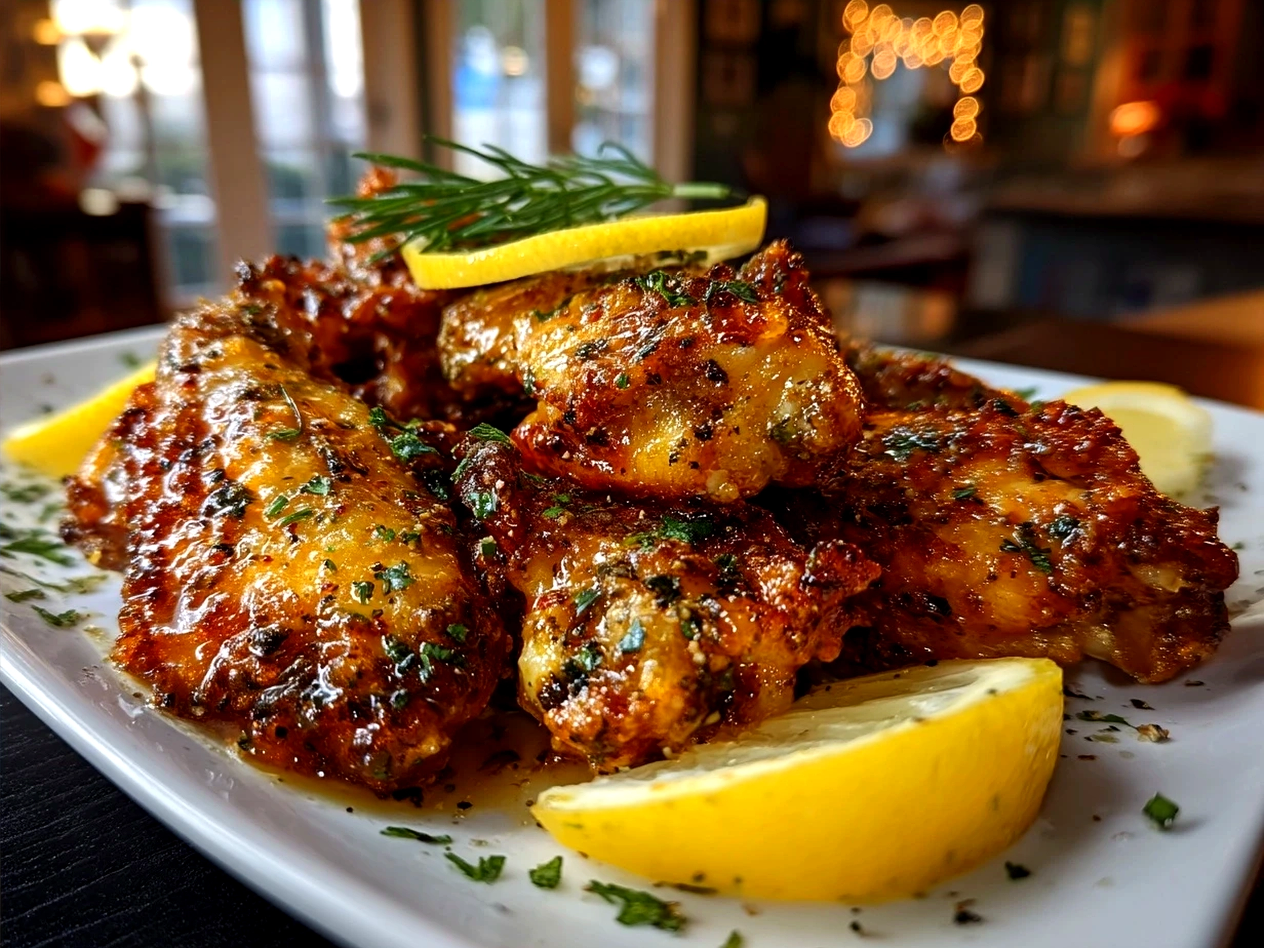 Serving plate of crispy Lemon Pepper wings with lemon wedges