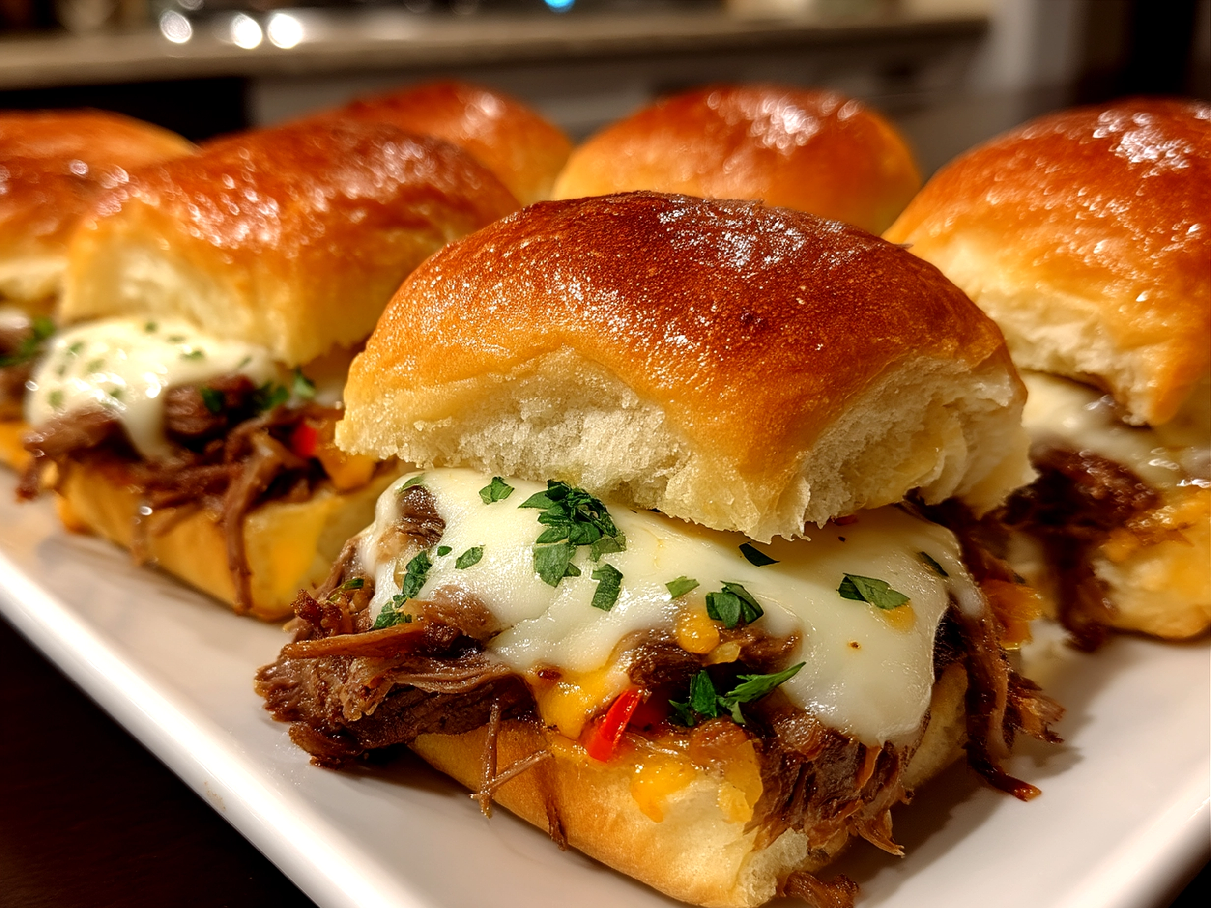 Served Loaded Philly Cheesesteak Sliders with sides