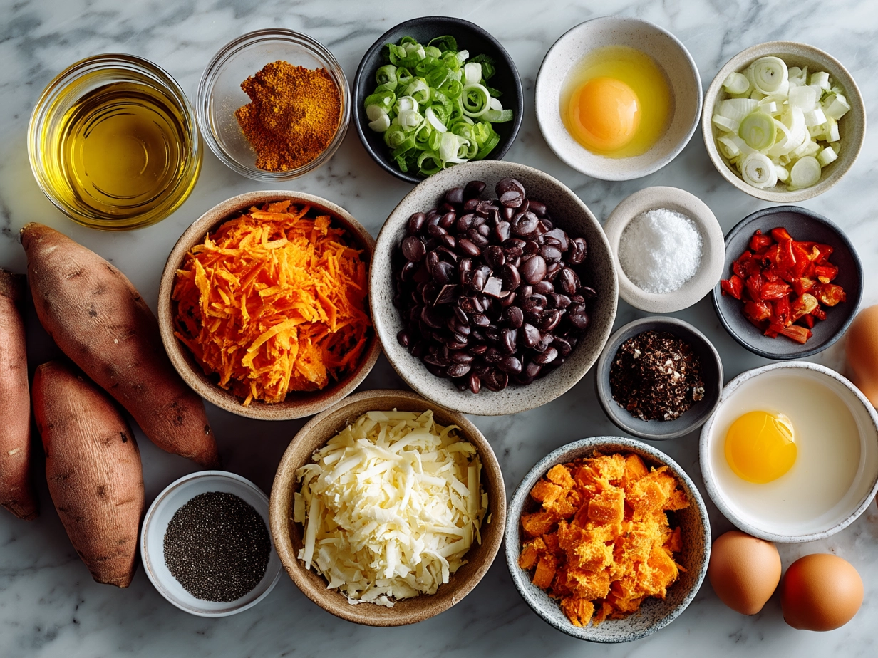 Ingredients laid out for Loaded Sweet Potato Burritos including sweet potatoes, black beans, peppers, onions, tortillas, and spices
