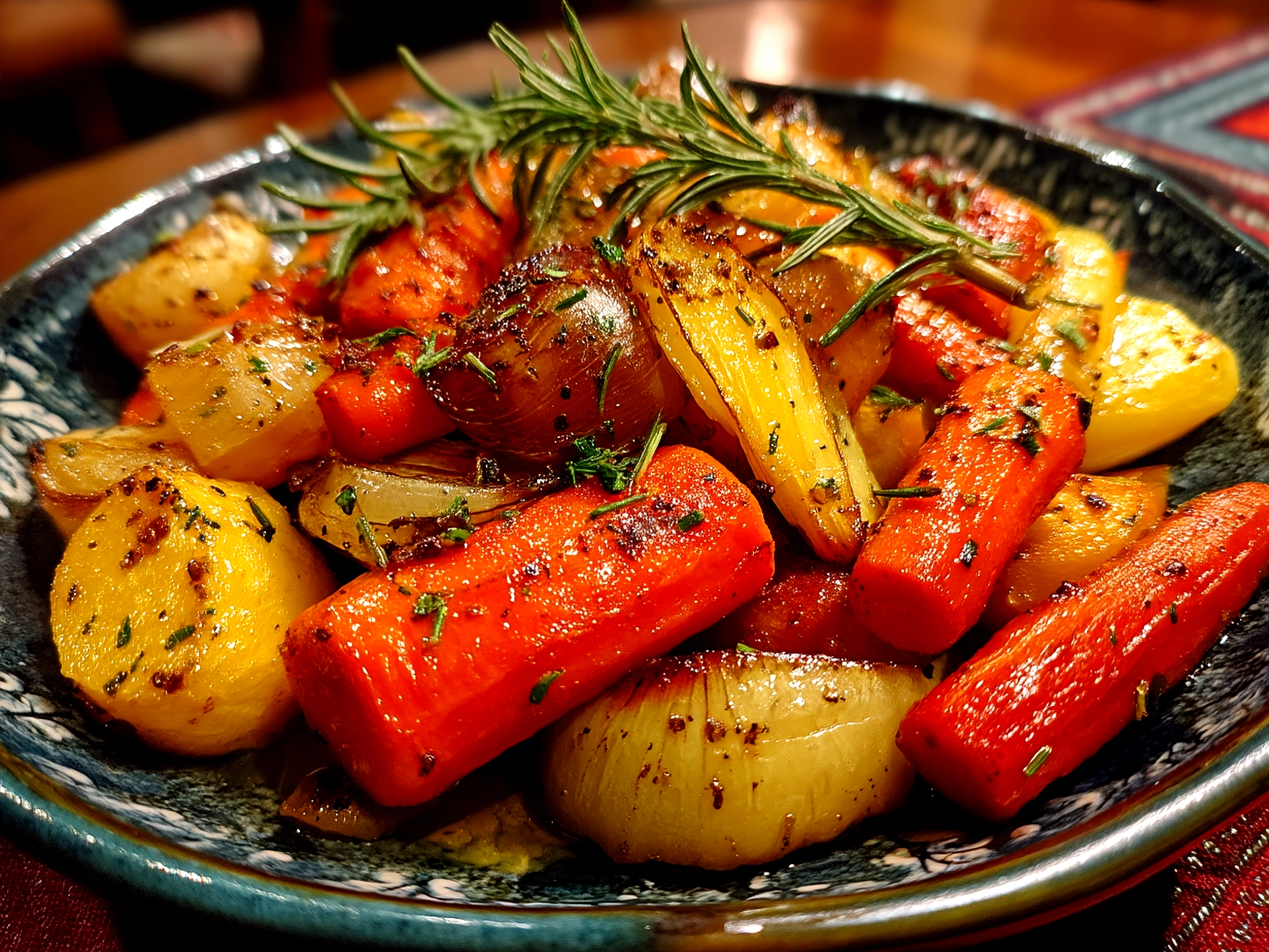 Serving of Maple Dijon Roasted Apples Carrots garnished with fresh herbs