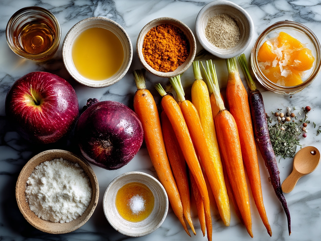 Ingredients for Maple Dijon Roasted Apples Carrots including carrots, apples, maple syrup, Dijon mustard, olive oil, and spices
