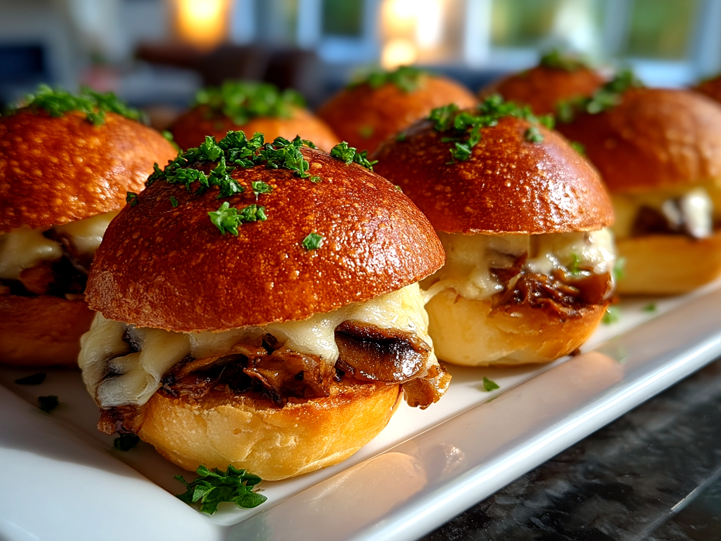 Mini Mushroom Swiss Sliders served with crispy fries and pickles on a wooden board