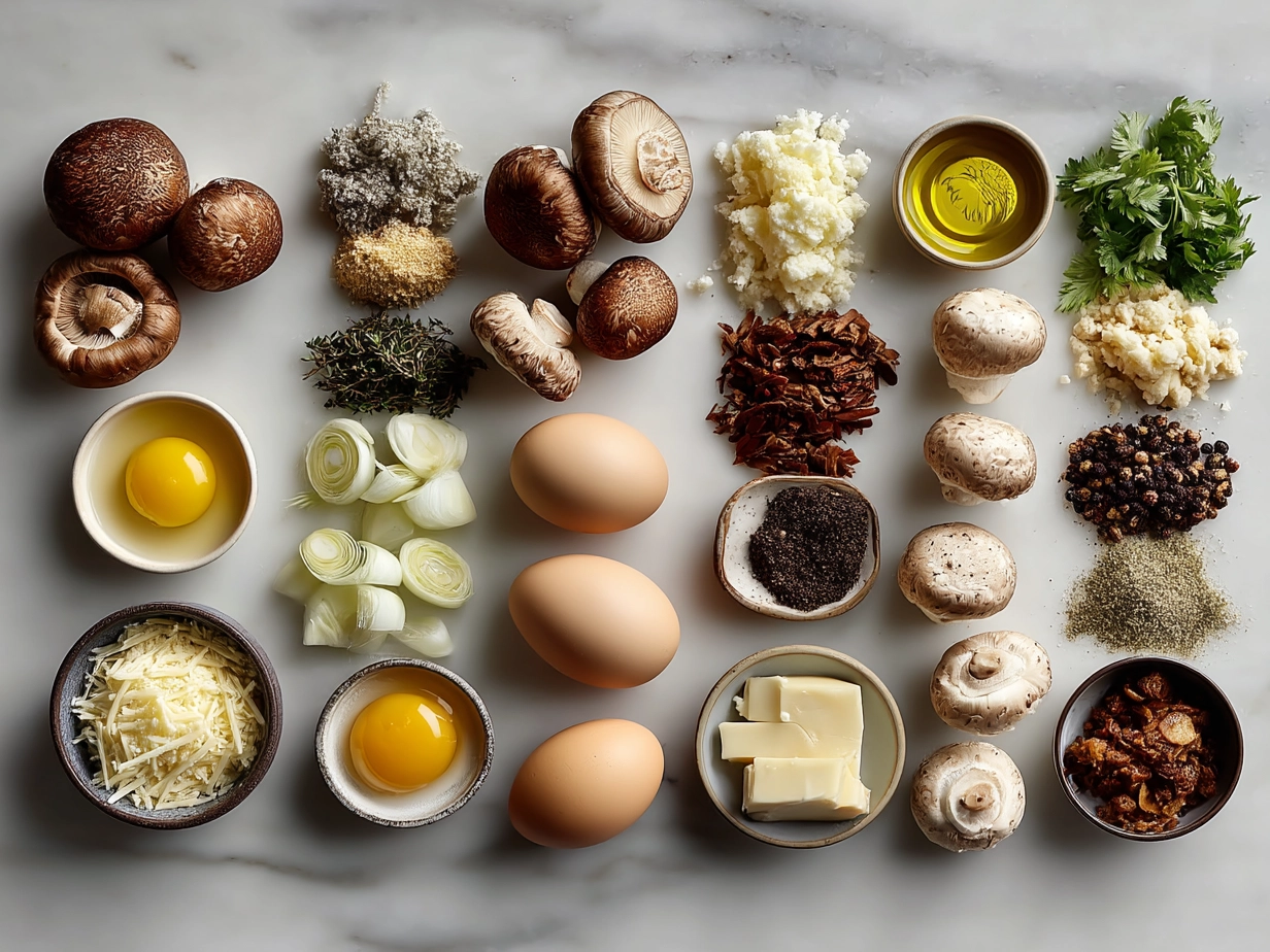 Ingredients for Mini Mushroom Swiss Sliders including ground beef, slider buns, mushrooms, Swiss cheese, onions, butter, and seasonings