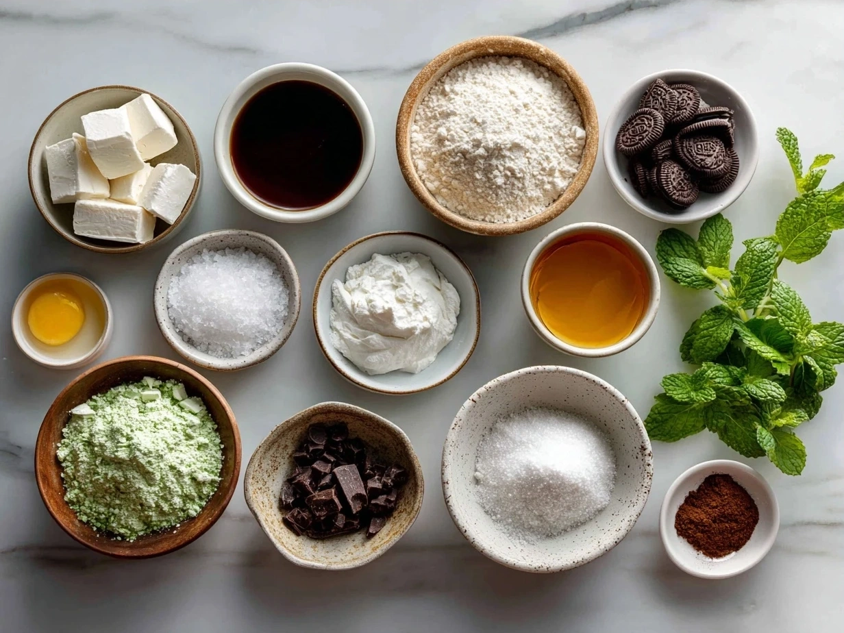Ingredients for Mint Oreo Brownies displayed on kitchen counter
