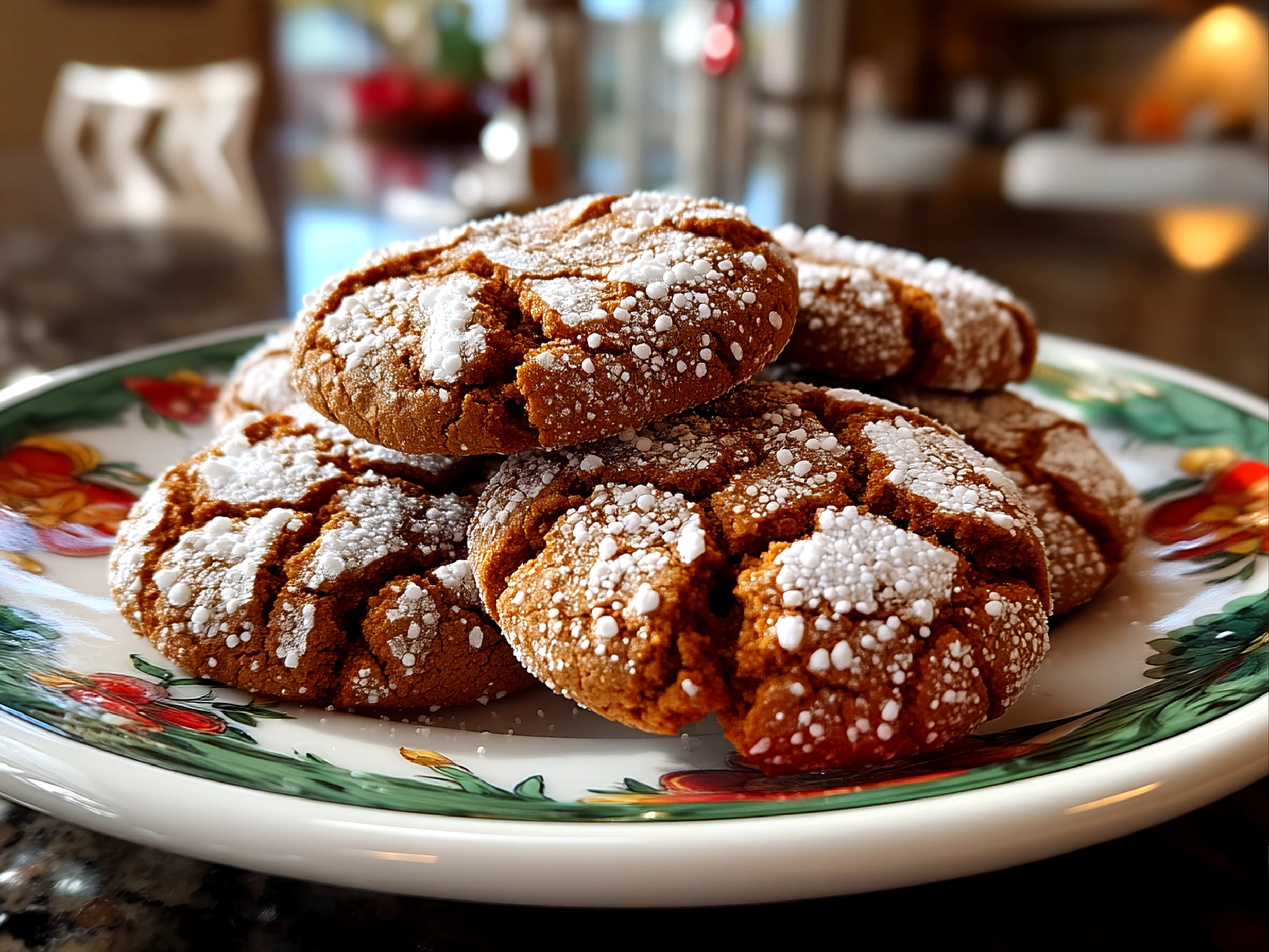 Plated Molasses Crinkle Cookies with a cup of tea, showcasing soft, spiced texture