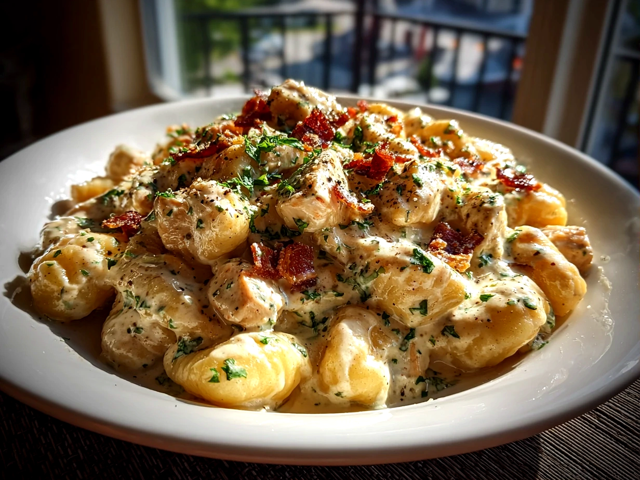 Freshly Prepared Chicken Alfredo Gnocchi Close-up