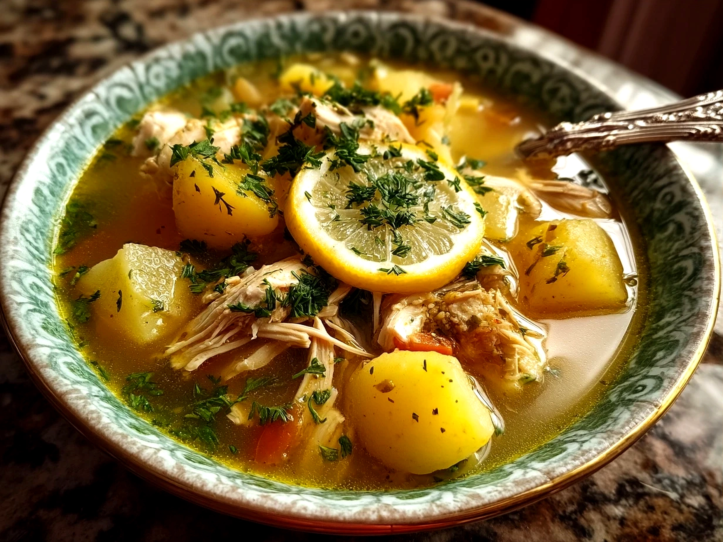A bowl of One-Pot Lemon Chicken Soup garnished with fresh parsley and served with crusty bread