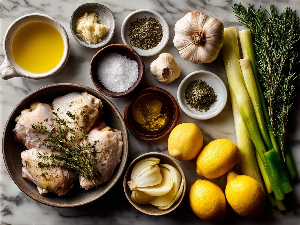 Ingredients for One-Pot Lemon Chicken Soup laid out on a kitchen counter