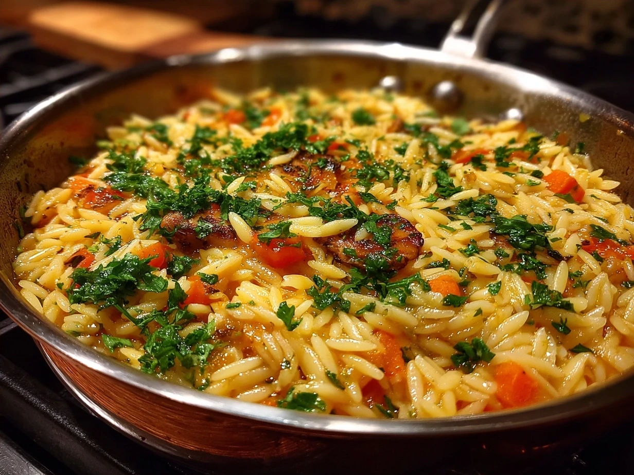 Final plated One-Pot Veggie Cream Orzo garnished with fresh herbs and Parmesan cheese