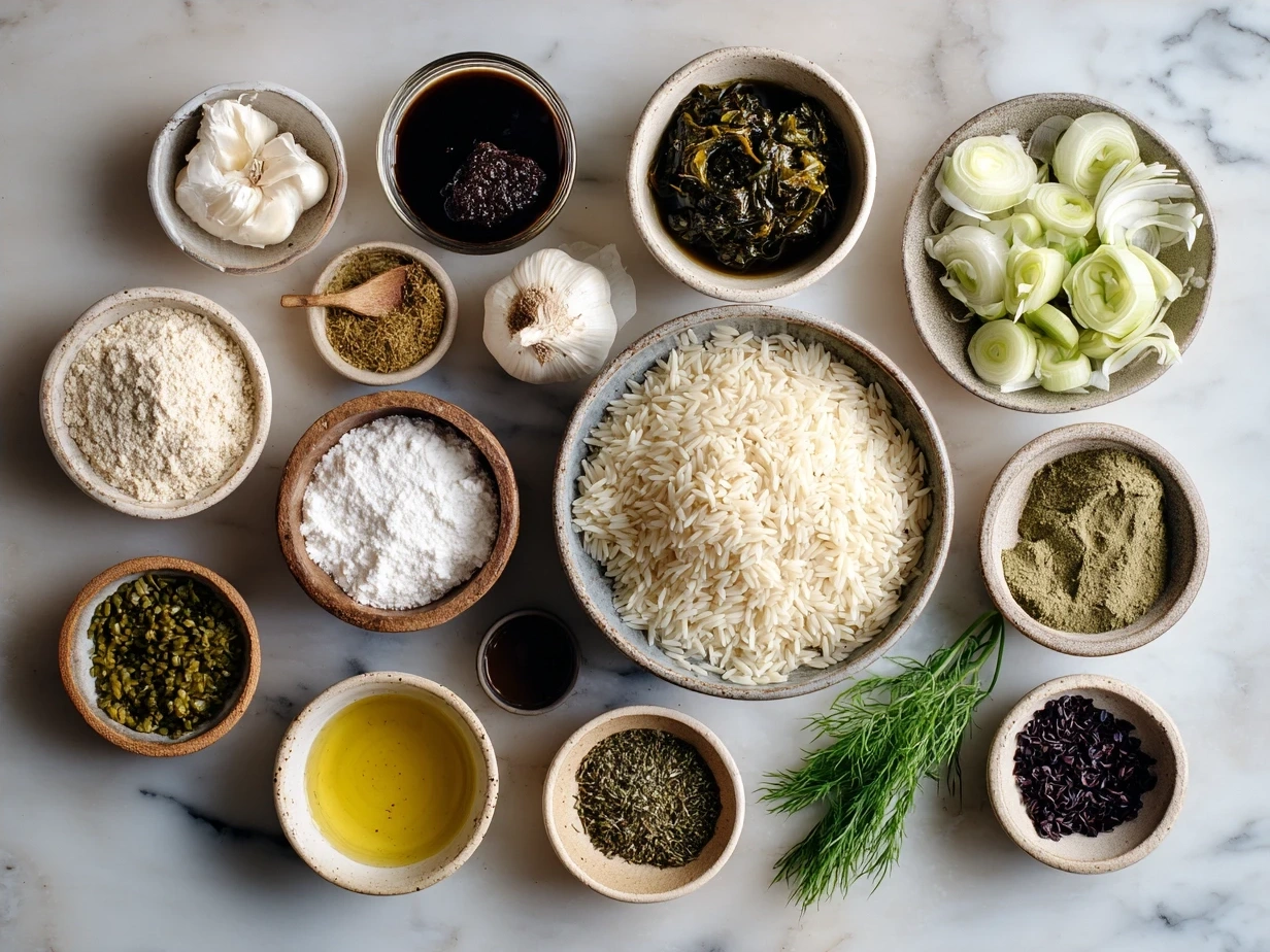 Ingredients for One-Pot Veggie Cream Orzo including orzo pasta, olive oil, onion, garlic, bell peppers, zucchini, spinach, vegetable broth, cream cheese, and Parmesan cheese