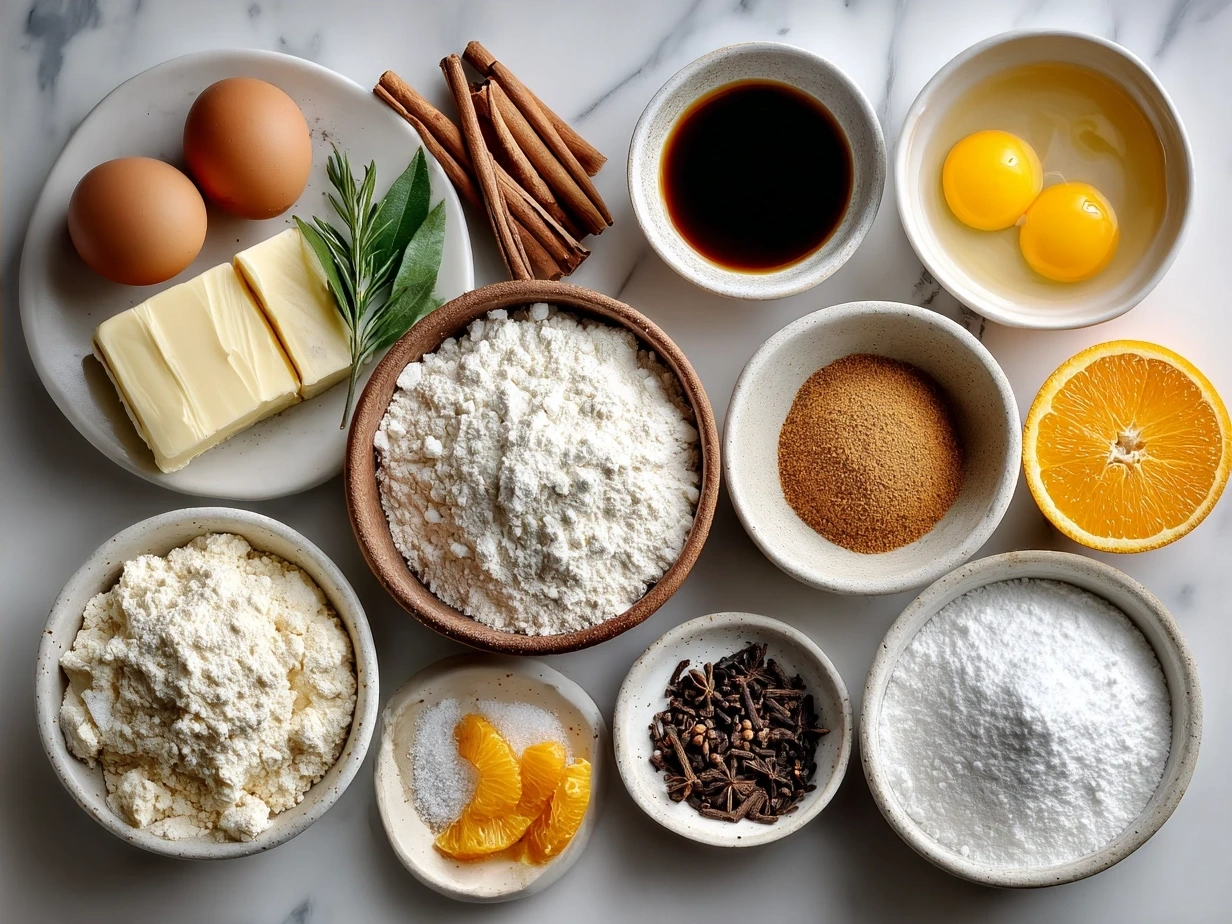 Ingredients for Orange Clove Cookies including flour, butter, sugar, egg, and spices
