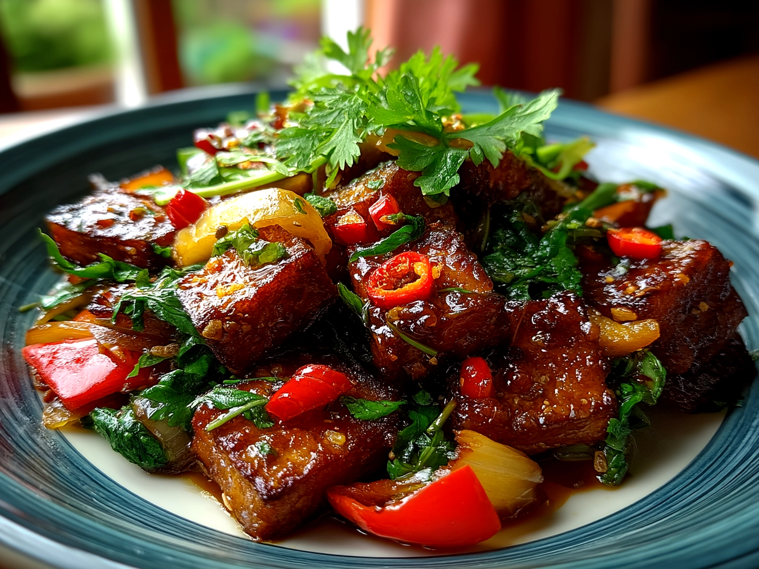 Served Orange Glazed Tempeh Stir Fry over rice with fresh green onions
