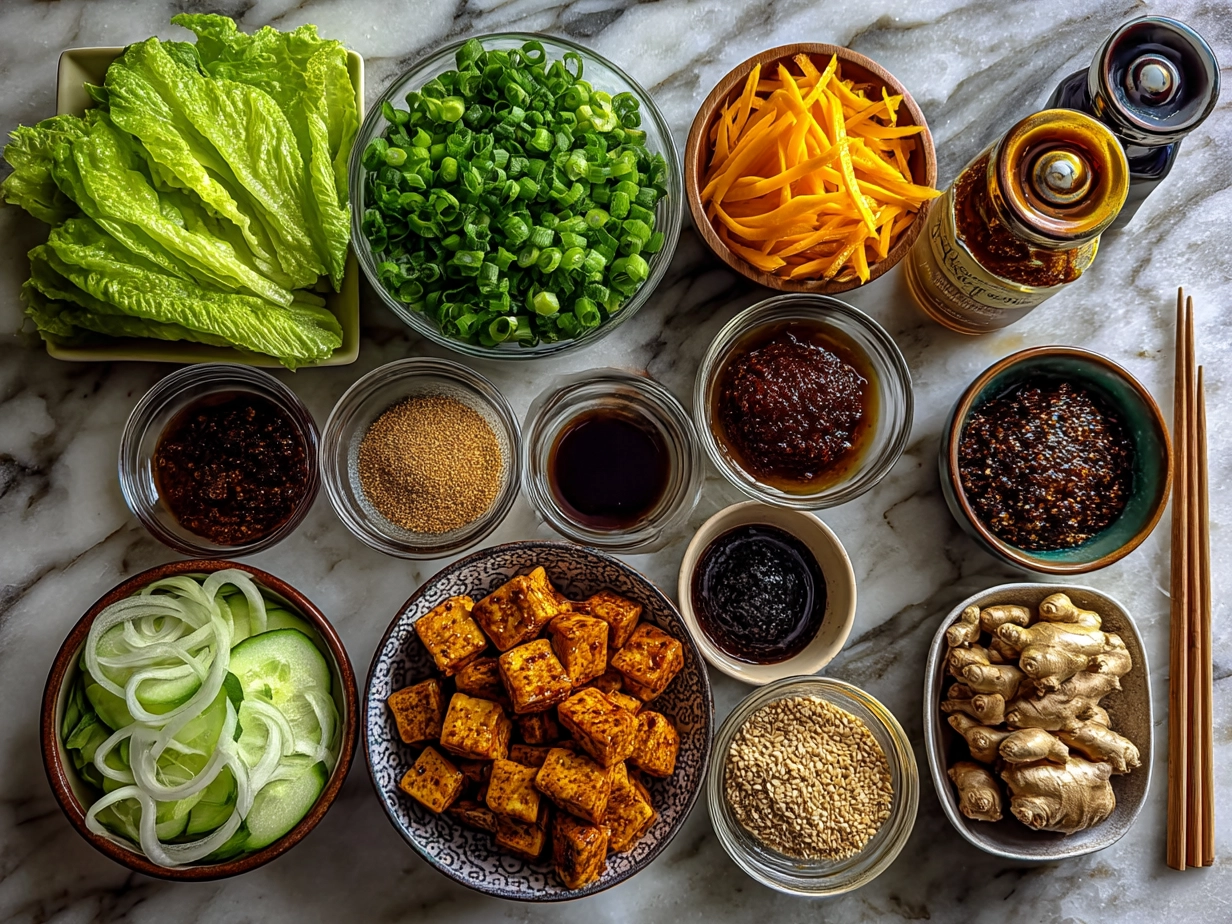 Ingredients for Orange Glazed Tempeh Stir Fry including tempeh, broccoli, bell pepper, carrot, green onions, garlic, ginger, and orange glaze sauce ingredients