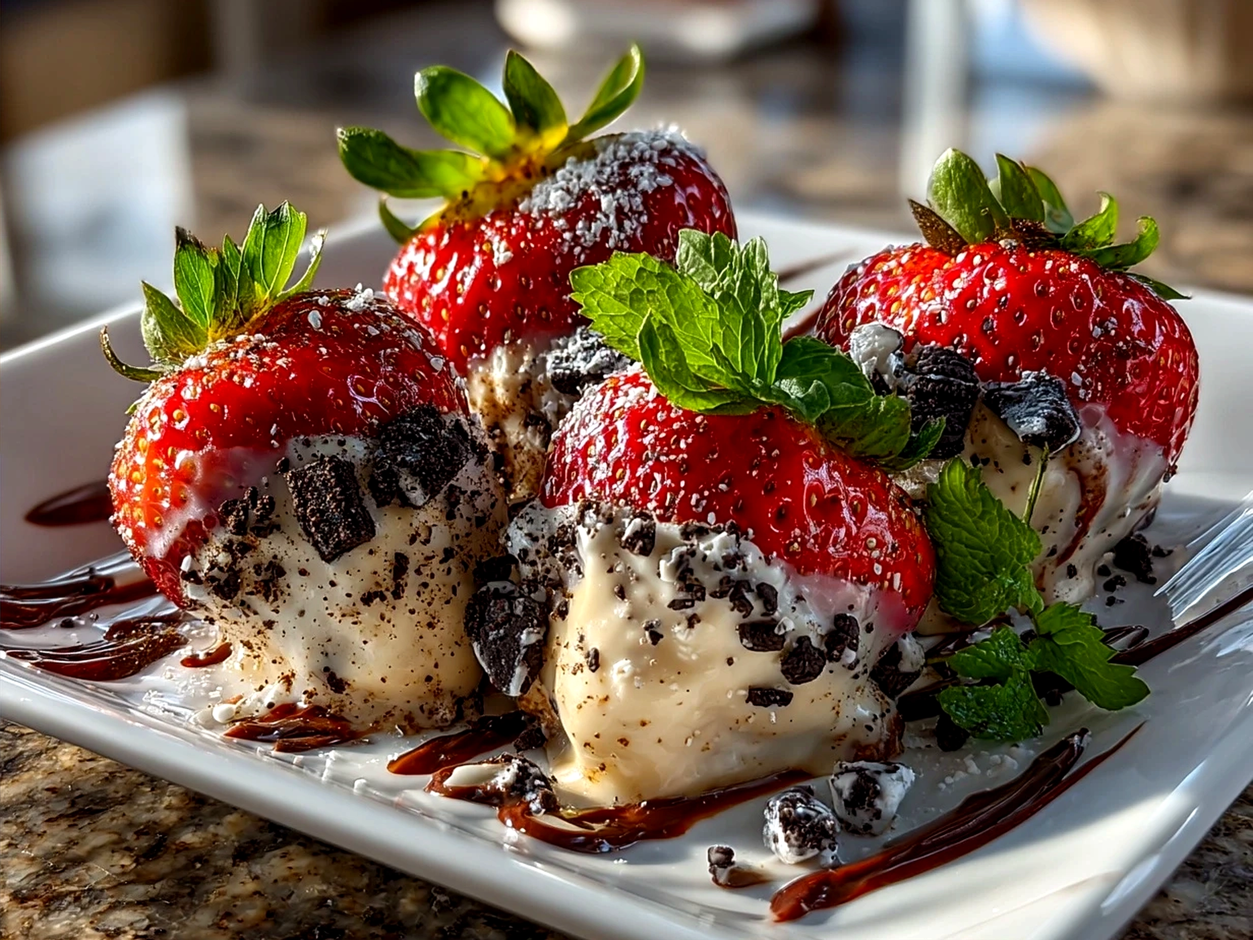 Plated Oreo Truffle-Stuffed Strawberries dessert ready to serve