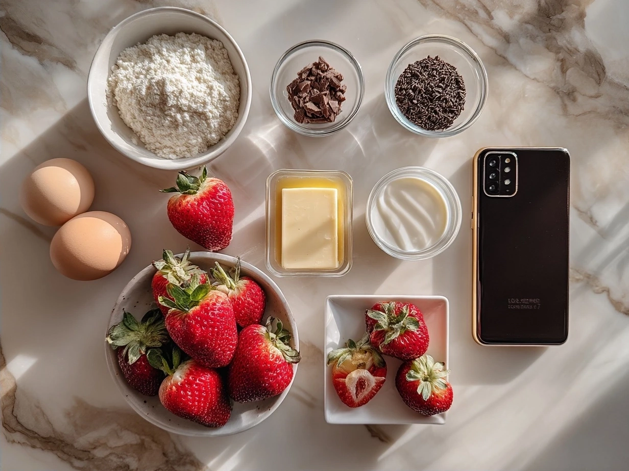 Ingredients for Oreo Truffle-Stuffed Strawberries including fresh strawberries, Oreo cookies, cream cheese, powdered sugar, melted chocolate, and vanilla extract