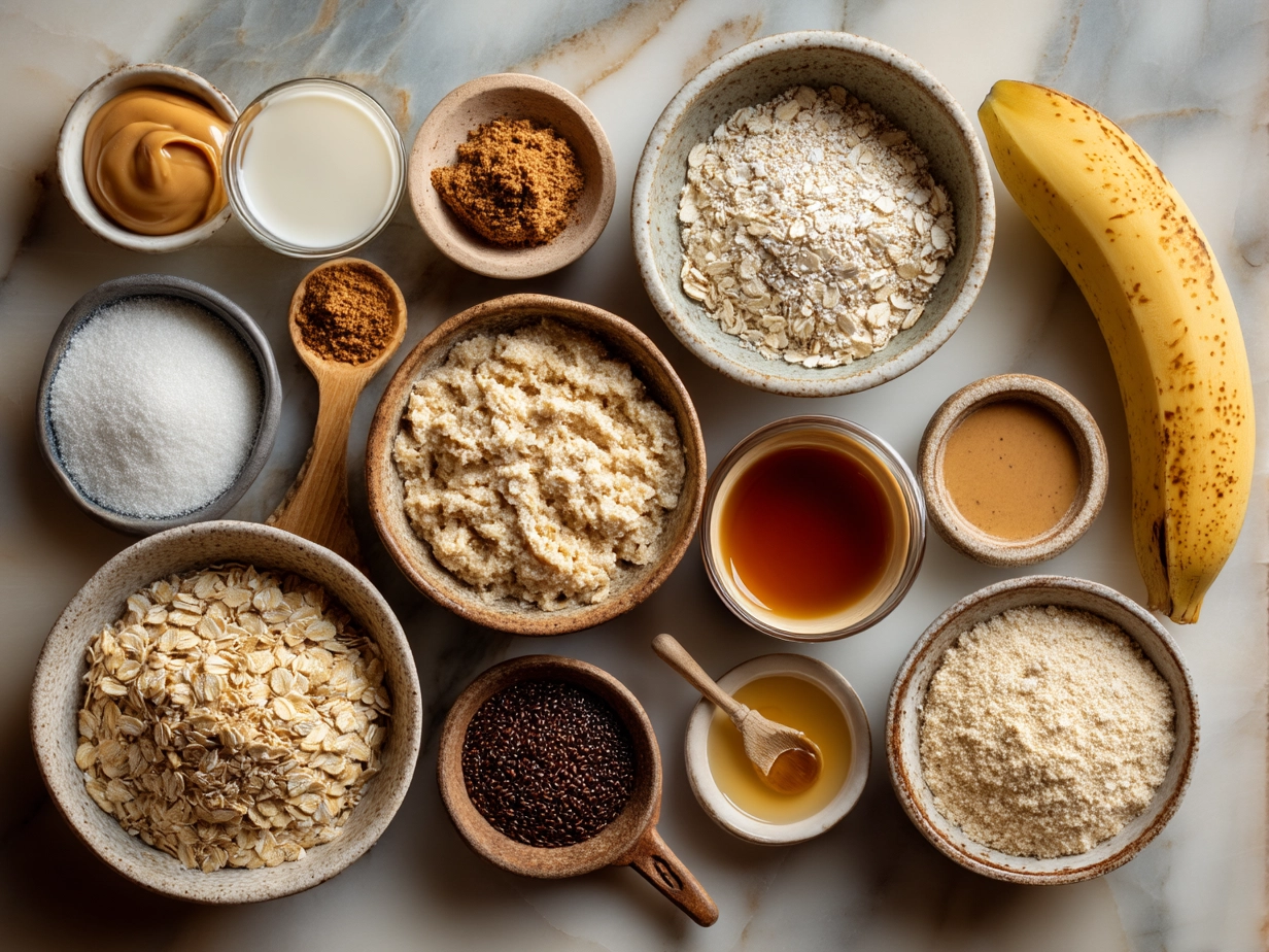 Ingredients for Peanut Butter Banana Oat Bars including bananas, peanut butter, and oats