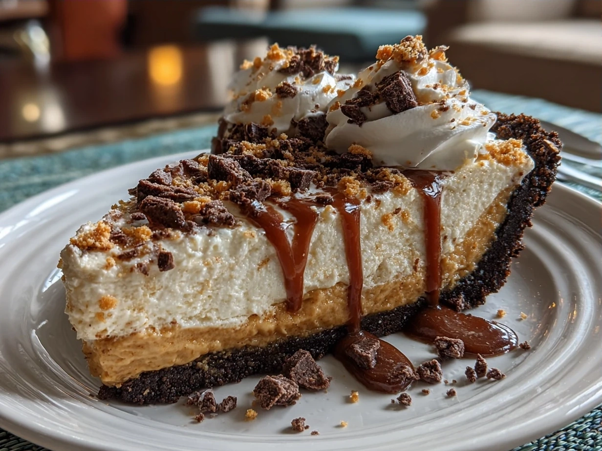 A freshly made creamy peanut butter pie garnished with chocolate chips and peanuts on a rustic background.