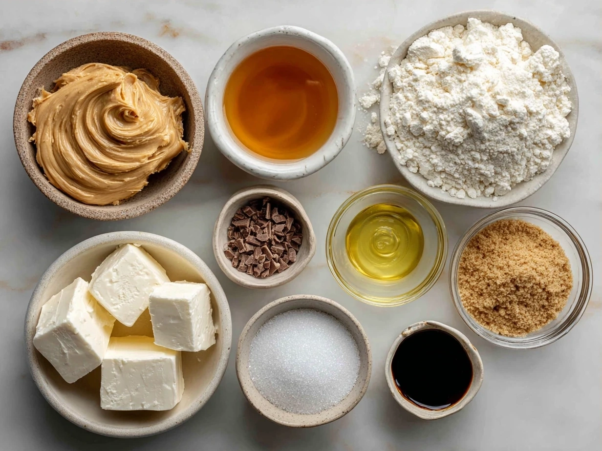 Ingredients for making peanut butter pie, including peanut butter, cream cheese, powdered sugar, graham crumbs, butter and whipped topping.