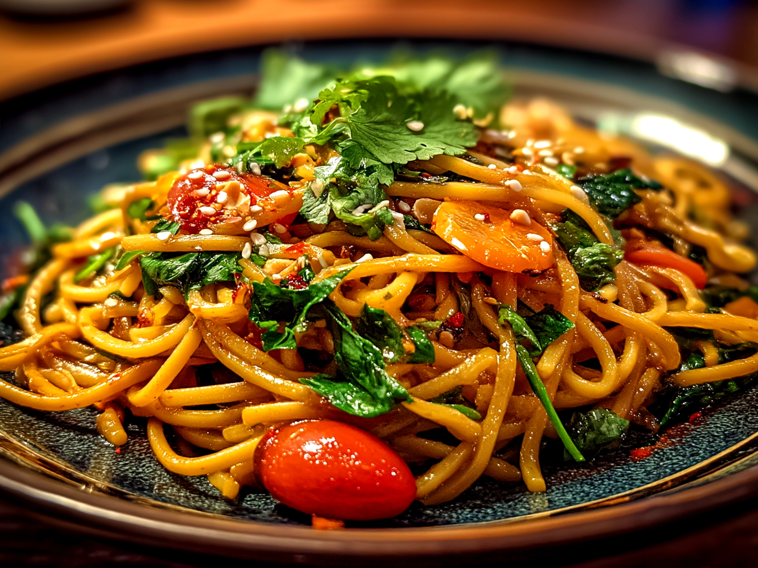 Serving bowl of Peanut Noodles with toppings