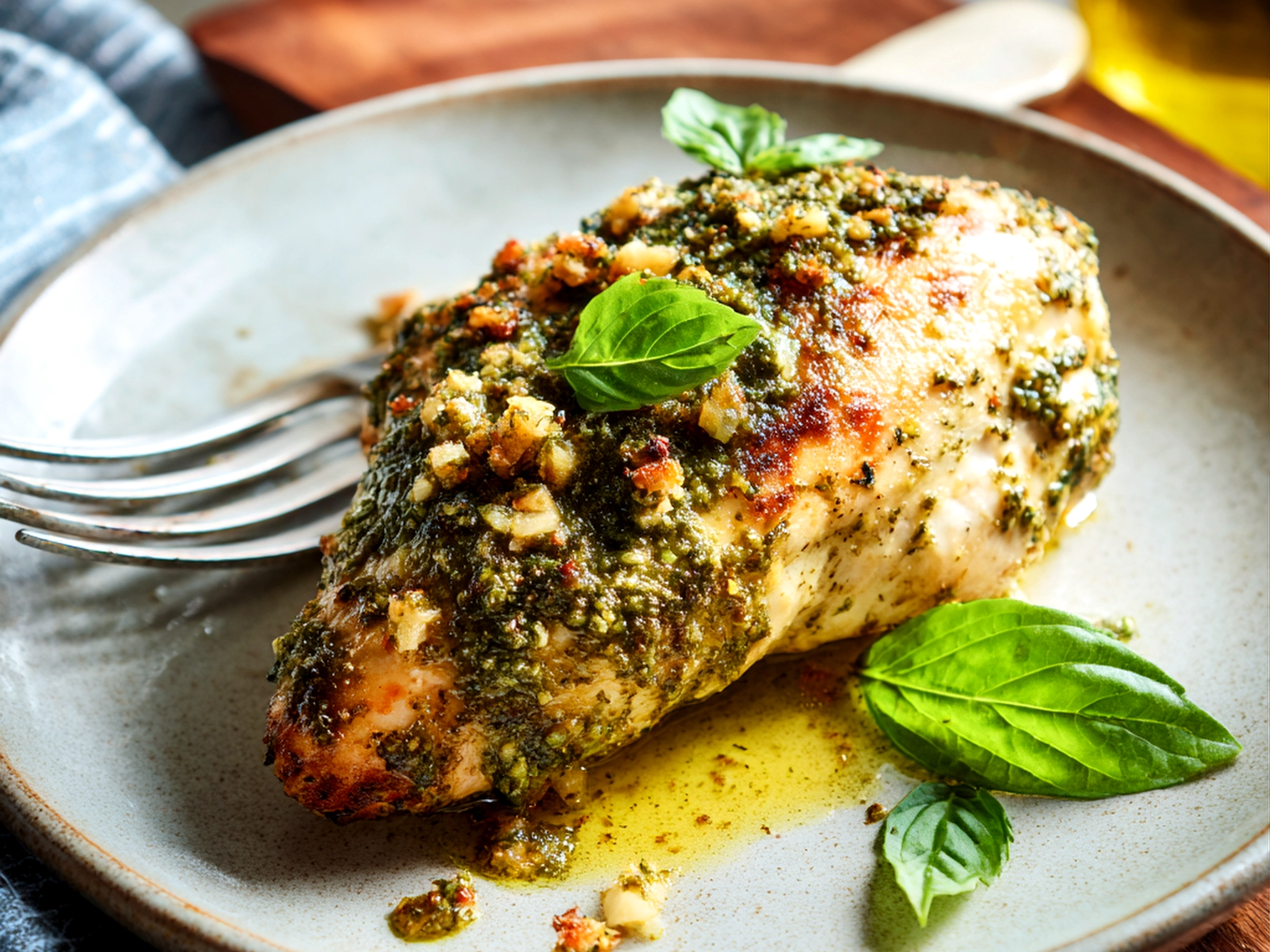 Pesto chicken served with roasted potatoes and salad