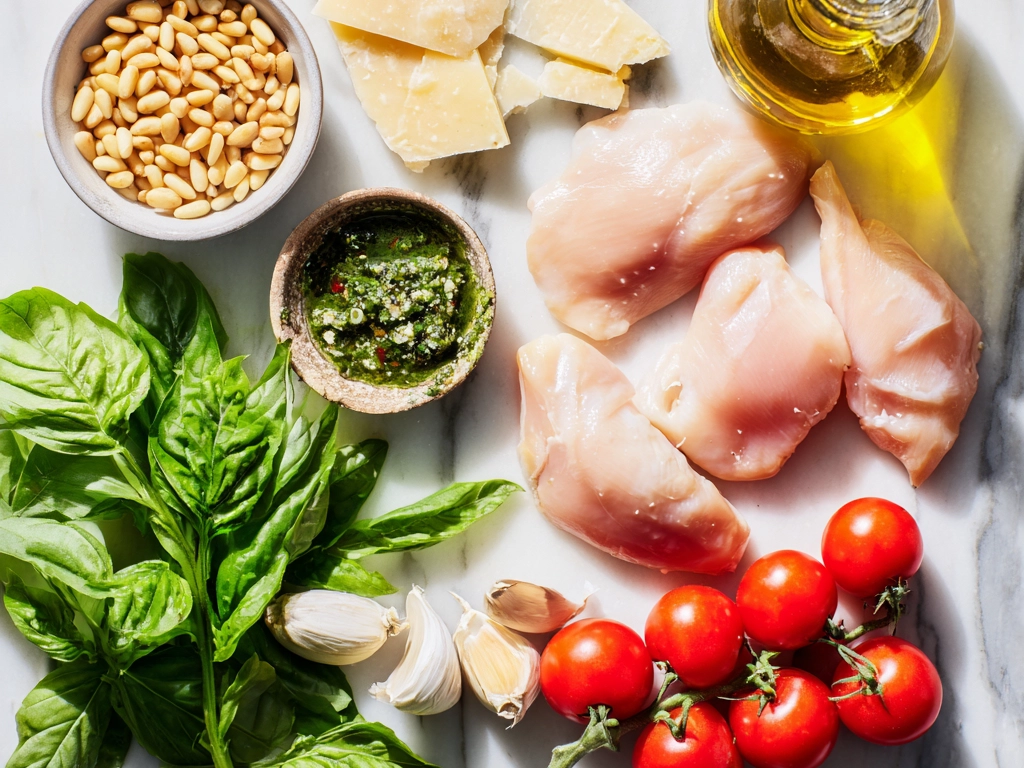 Ingredients for pesto chicken laid out on a kitchen counter