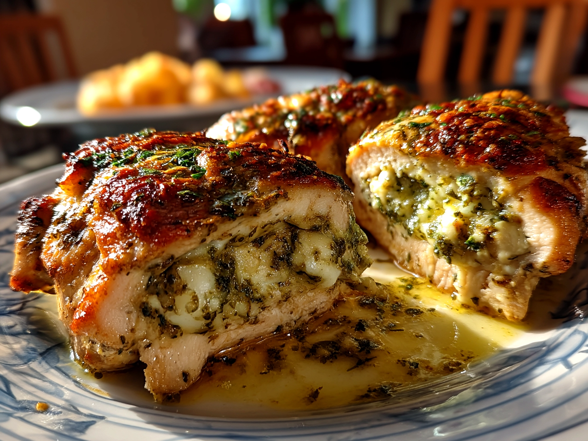 Serving suggestion of Pesto Stuffed Chicken plated with fresh greens.