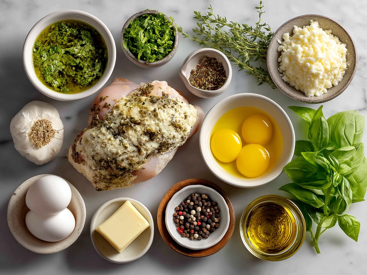 Ingredients for Pesto Stuffed Chicken including chicken breasts, basil pesto, mozzarella cheese, olive oil, and seasoning.