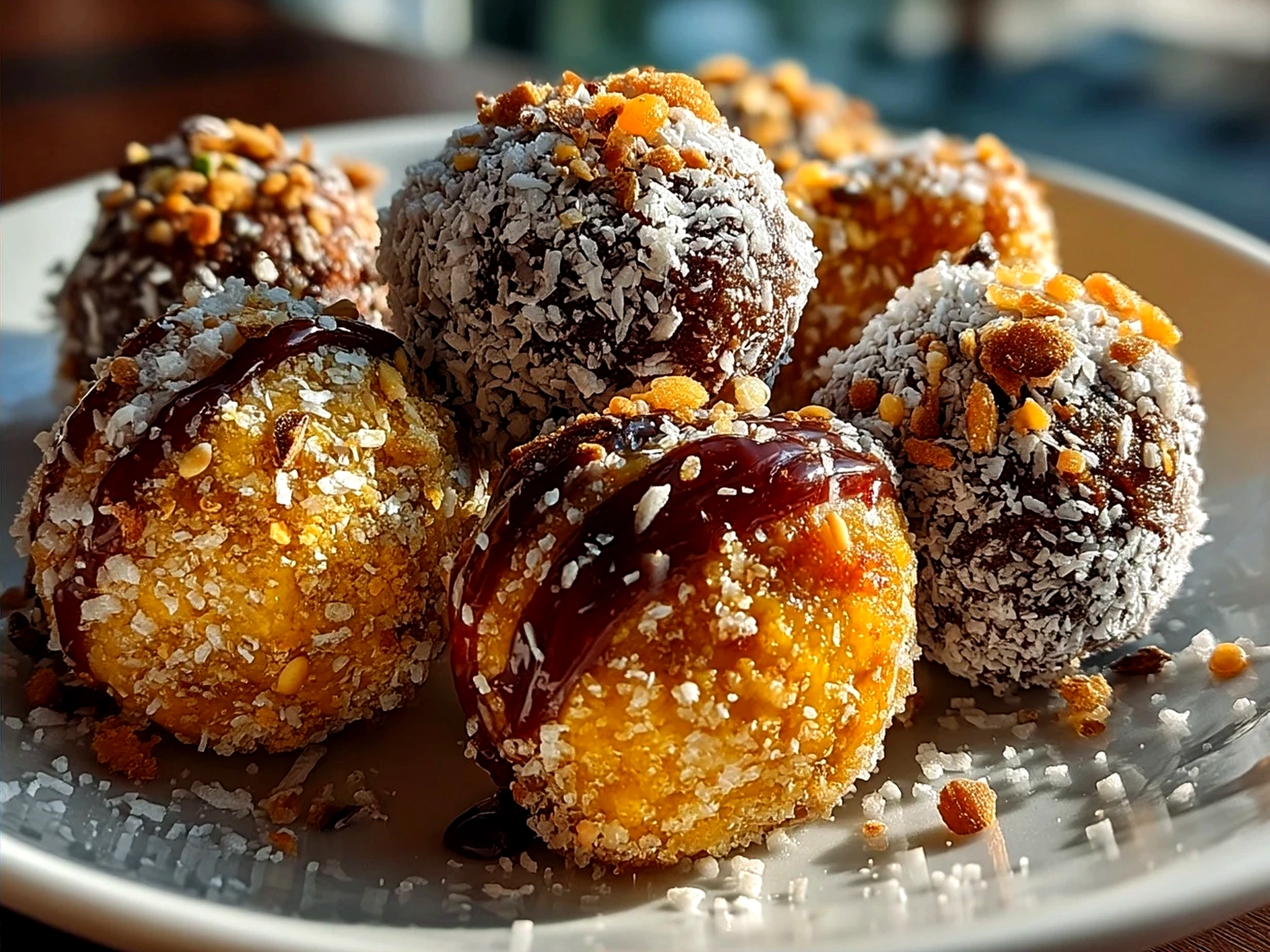 Plated pumpkin truffles garnished with crushed nuts