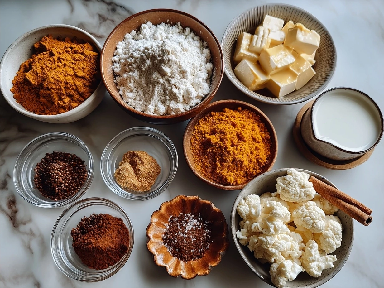 Ingredients for pumpkin truffles including pumpkin puree, cream cheese, chocolate and spices