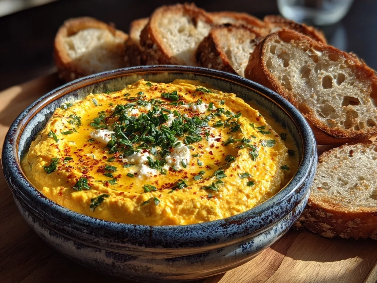 Final creamy bowl of Pumpkin Whipped Feta Dip garnished with fresh herbs