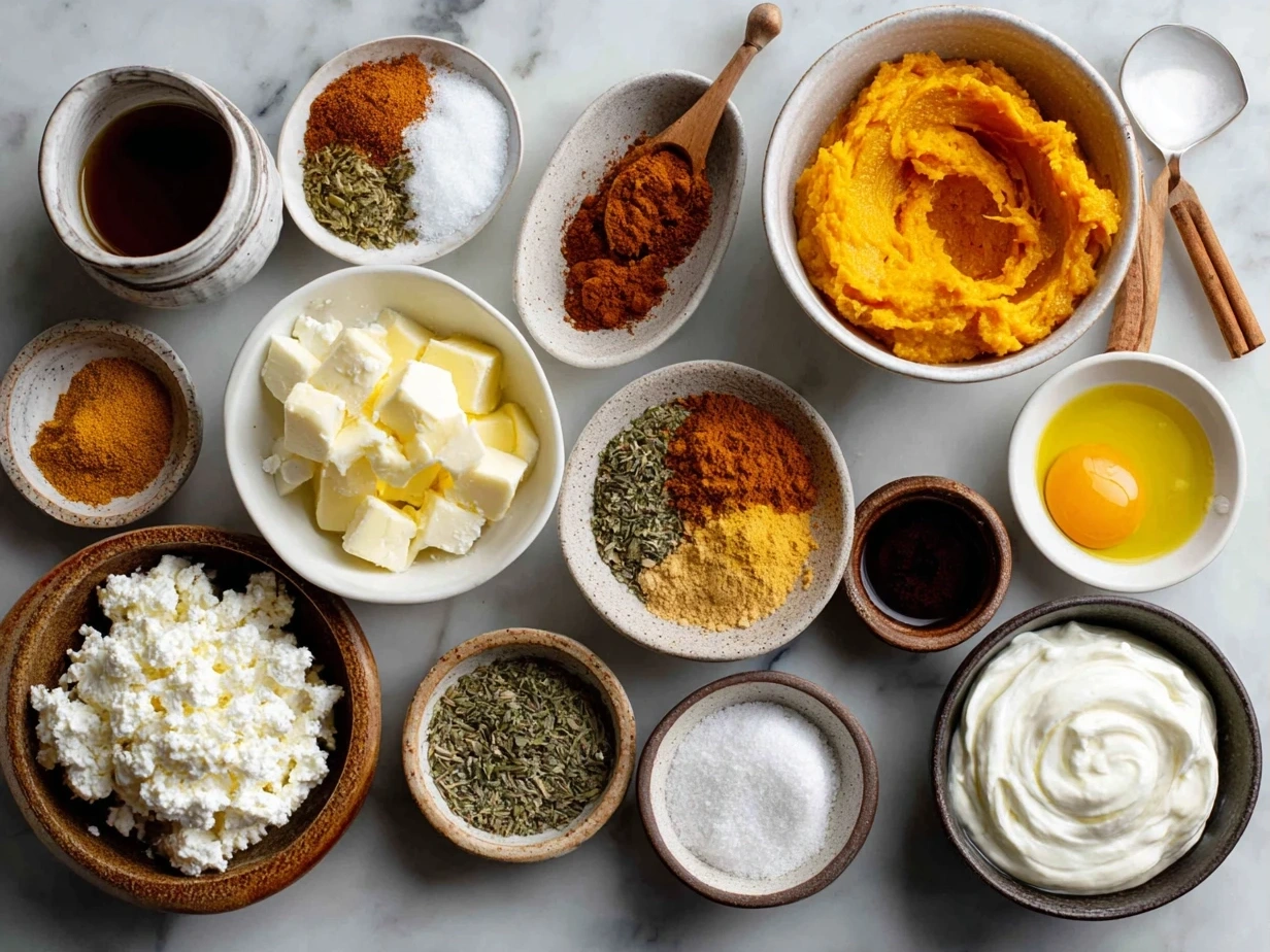Ingredients for Pumpkin Whipped Feta Dip including feta cheese, pumpkin puree, Greek yogurt, and spices