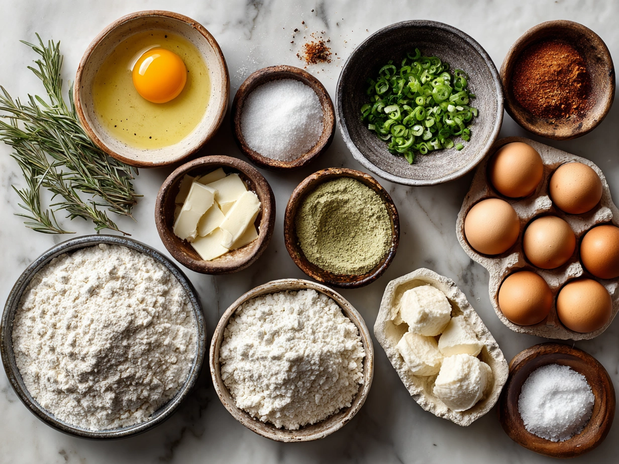 Raw ingredients laid out for Christmas Morning Quiche: eggs, ham, cheese, pie crust, spinach, onion.