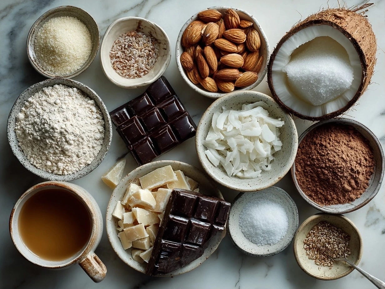Raw ingredients for Coconut Almond Chocolate Pudding including coconut cream, almond milk, cocoa powder and sweeteners