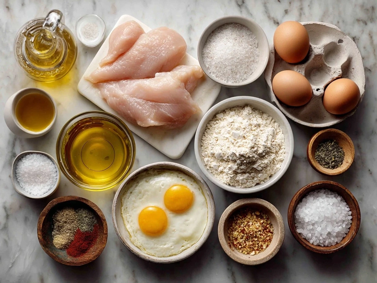 Raw ingredients for Crispy Chicken Tenders including chicken tenders, flour, eggs, breadcrumbs, garlic powder, paprika, and seasoning