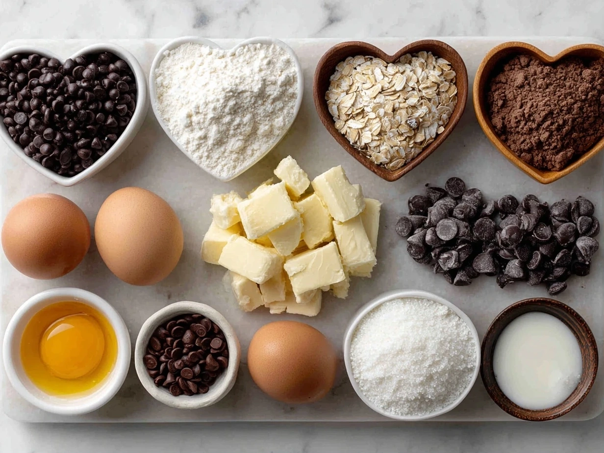 Raw ingredients for heart-shaped chocolate chip cookies including flour, butter, sugar, eggs, vanilla, and chocolate chips