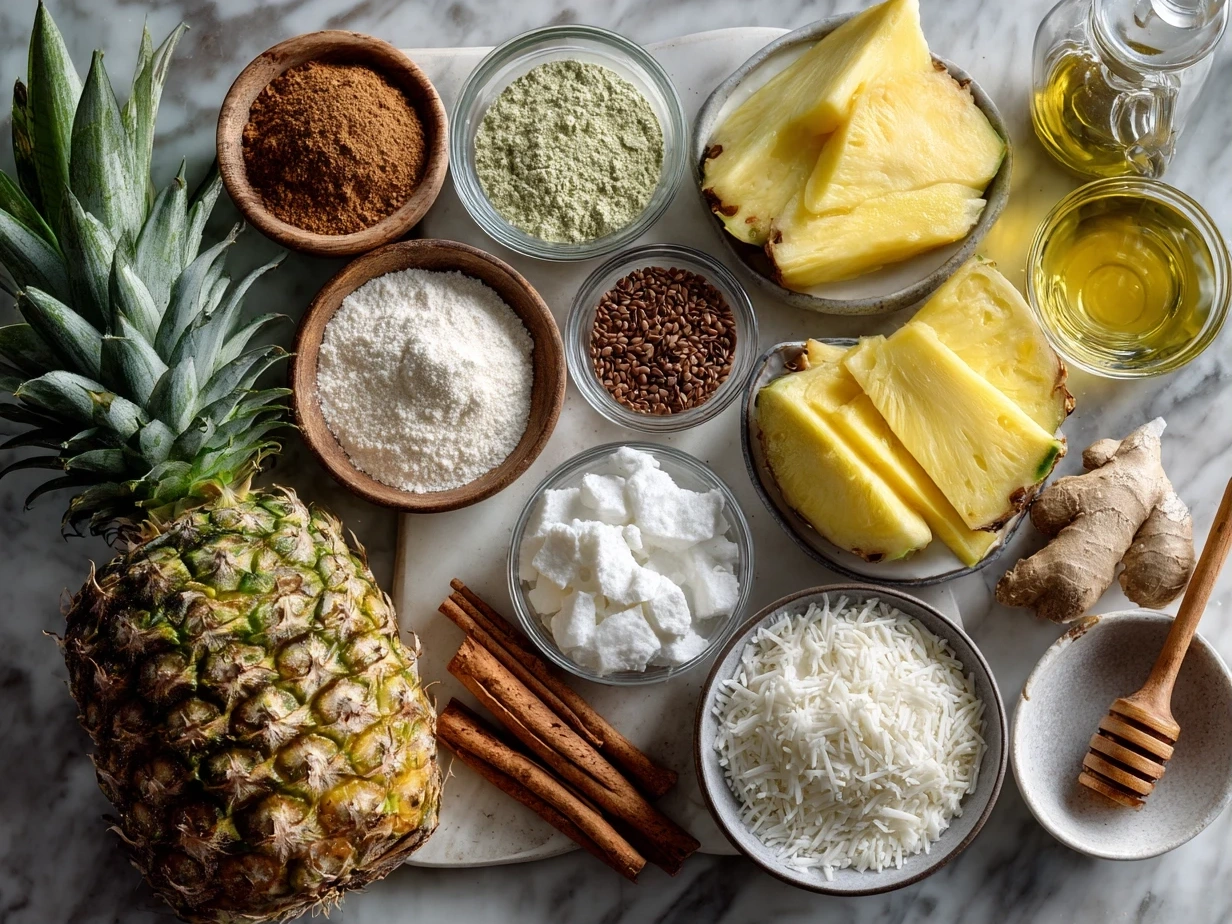 Raw ingredients for Pineapple Coconut Smoothie laid out including pineapple chunks, coconut milk, yogurt, honey, vanilla extract, and ice cubes