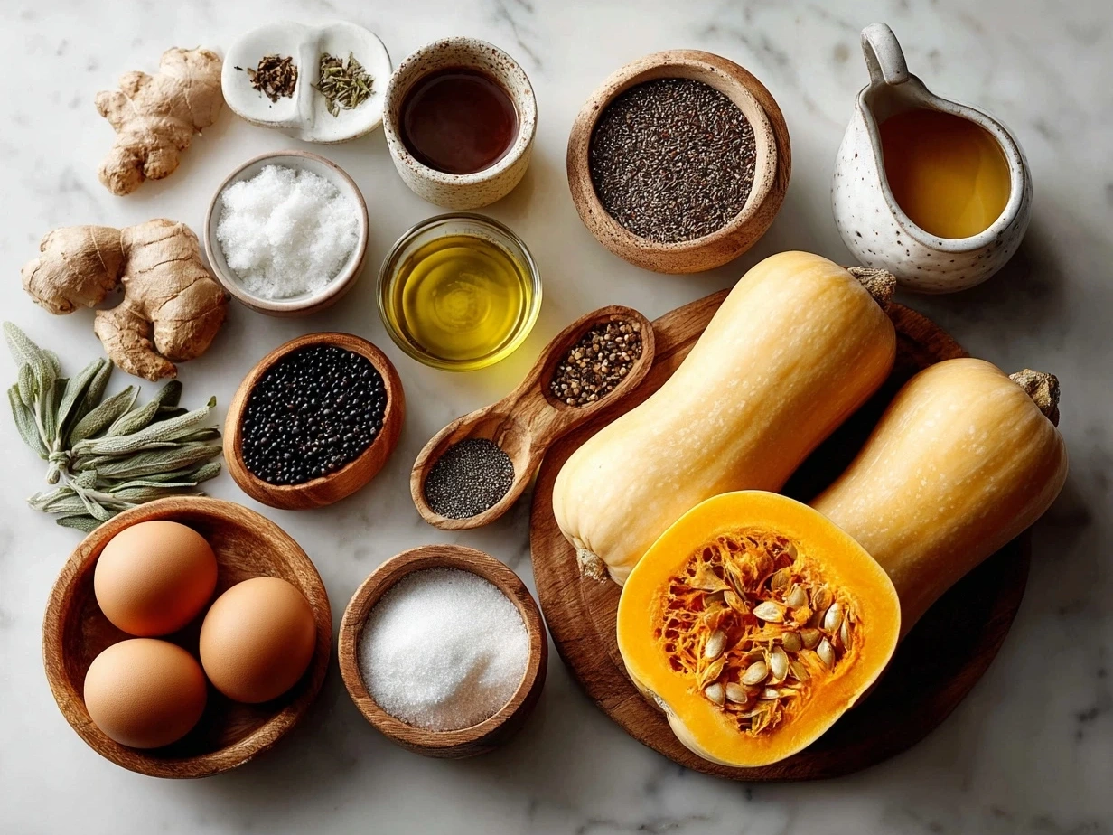 Raw ingredients for Simanim Stuffed Butternut Squash including butternut squashes, apples, walnuts, and spices